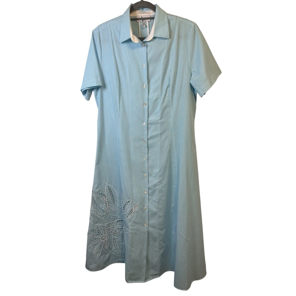 ALGO Of Switzerland Blue Pinstriped Shirt Dress Size XL Floral Cutout Detail